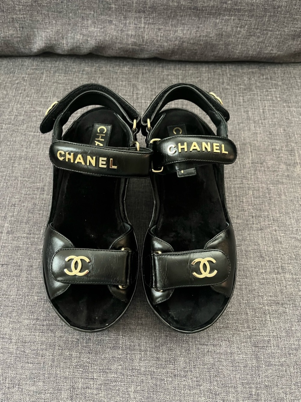 CHANEL Black Quilted Platform Sandals with Gold CC and Logo Straps - Picture 2 of 6